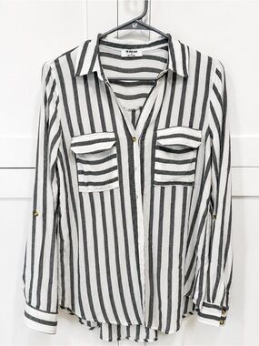 The Workshop Striped Button-Front Blouse | Women’s Medium | Gray & White | 100%